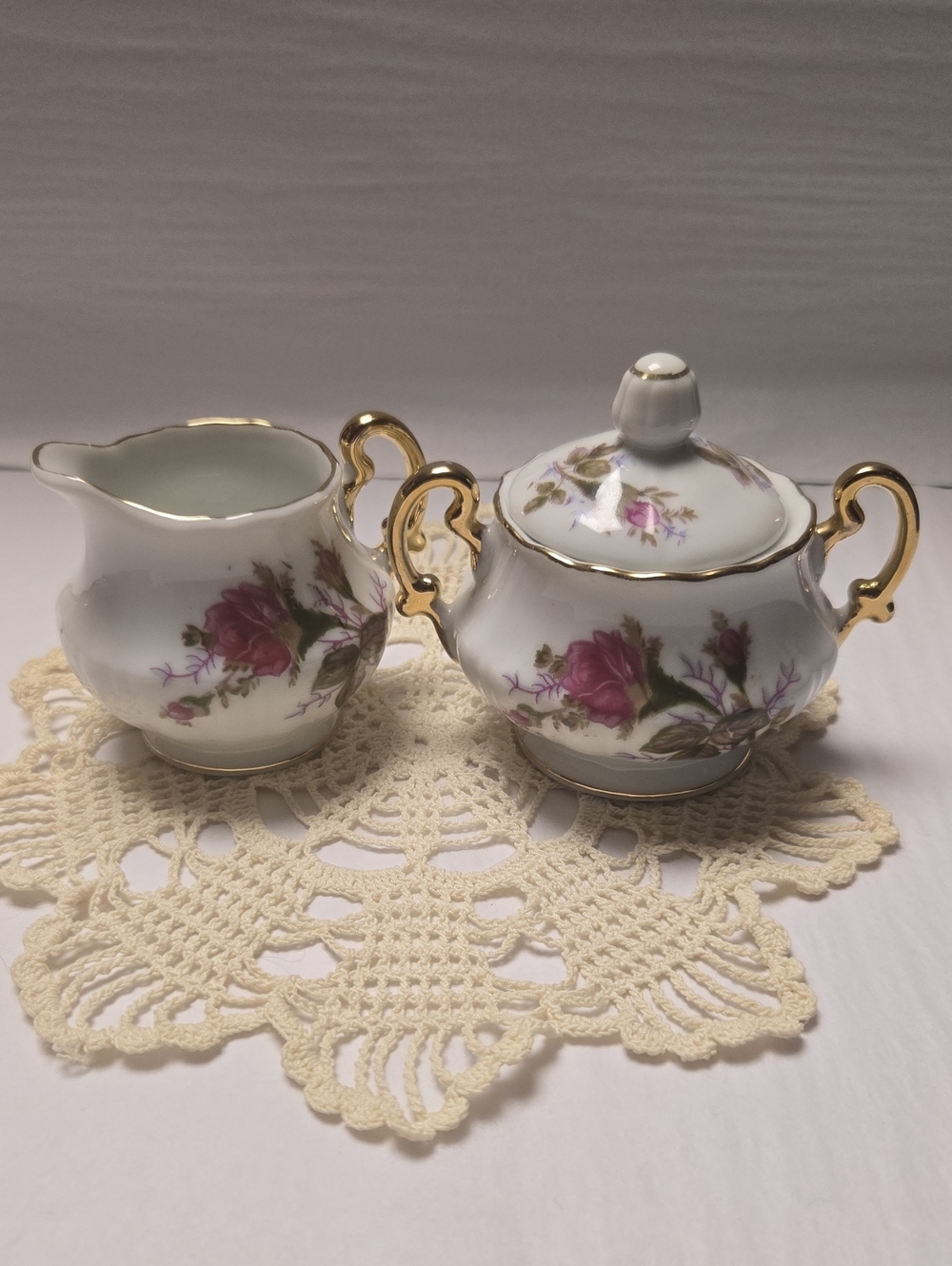 Vintage White Porcelain Creamer and Sugar Set with Pink Floral & Gold Trim
